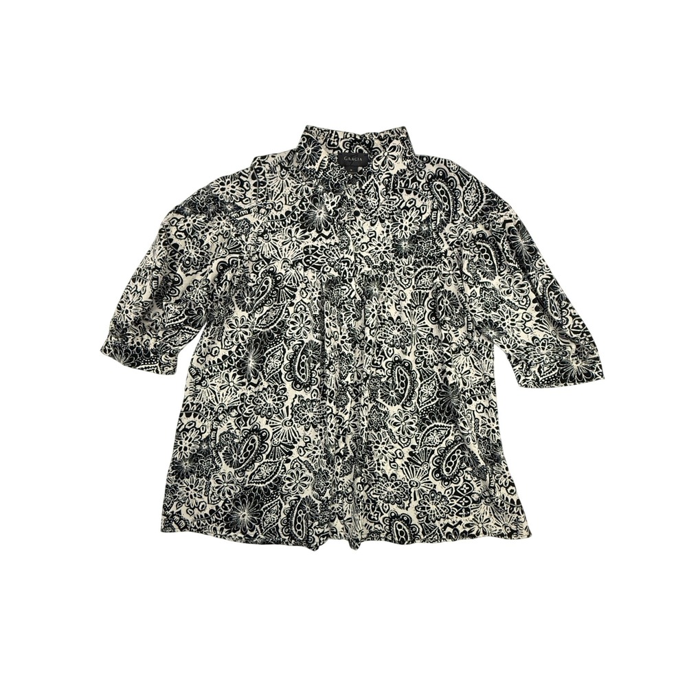 Gracia Button Up Shirt Women Medium Black White Paisley Floral Print Blouse